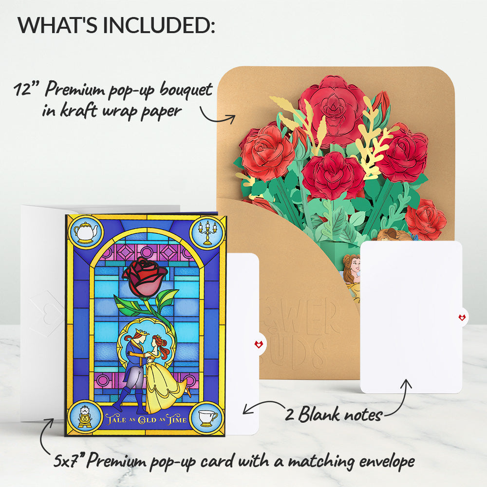 Disney’s Beauty and the Beast Suncatcher Card & Flower Buds Bouquet Bundle