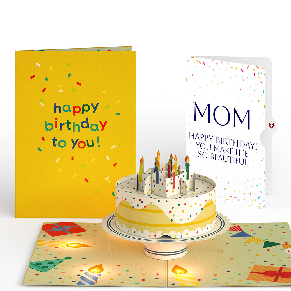 Happy Birthday Confetti Cake Music and Lights Pop-Up Card and Beautiful Life Sentiment Set for Mom