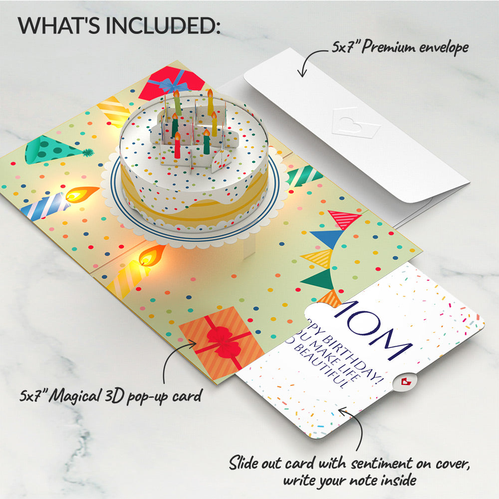 Happy Birthday Confetti Cake Music and Lights Pop-Up Card and Beautiful Life Sentiment Set for Mom
