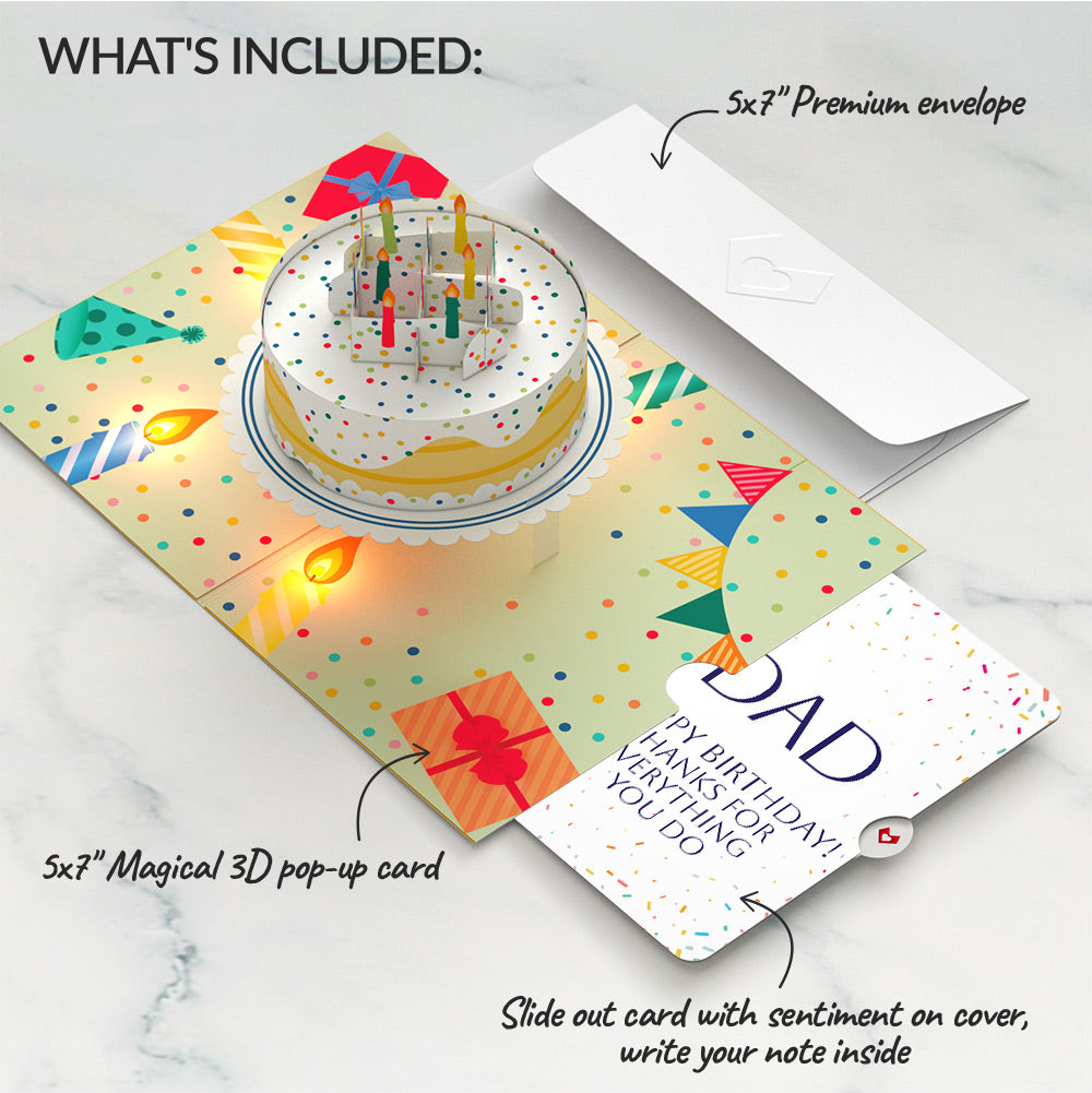 Happy Birthday Confetti Cake Music and Lights Pop-Up Card and Sentiment Set for Dad