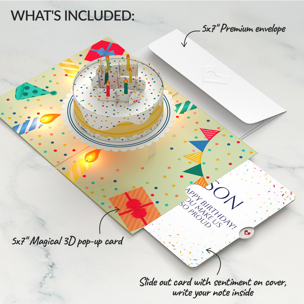Happy Birthday Confetti Cake Music and Lights Pop-Up Card and Sentiment Set for Son