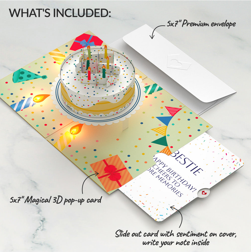Happy Birthday Confetti Cake Music and Lights Pop-Up Card and Sentiment Set for Bestie