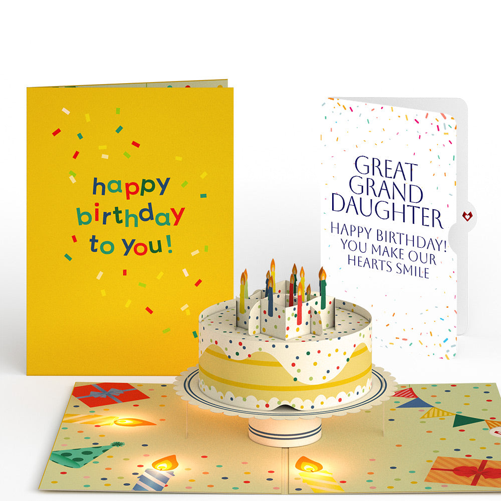 Happy Birthday Confetti Cake Music and Lights Pop-Up Card and Sentiment Set for Great Granddaughter