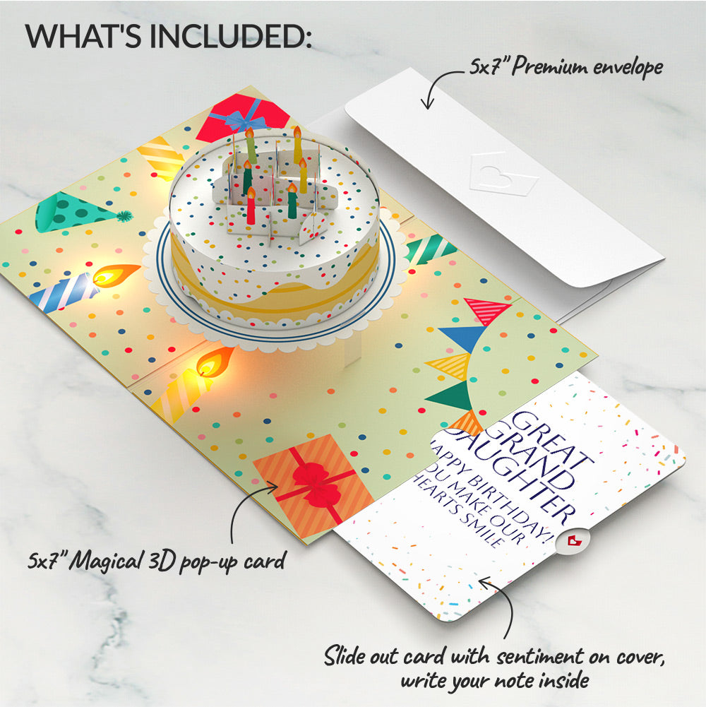 Happy Birthday Confetti Cake Music and Lights Pop-Up Card and Sentiment Set for Great Granddaughter