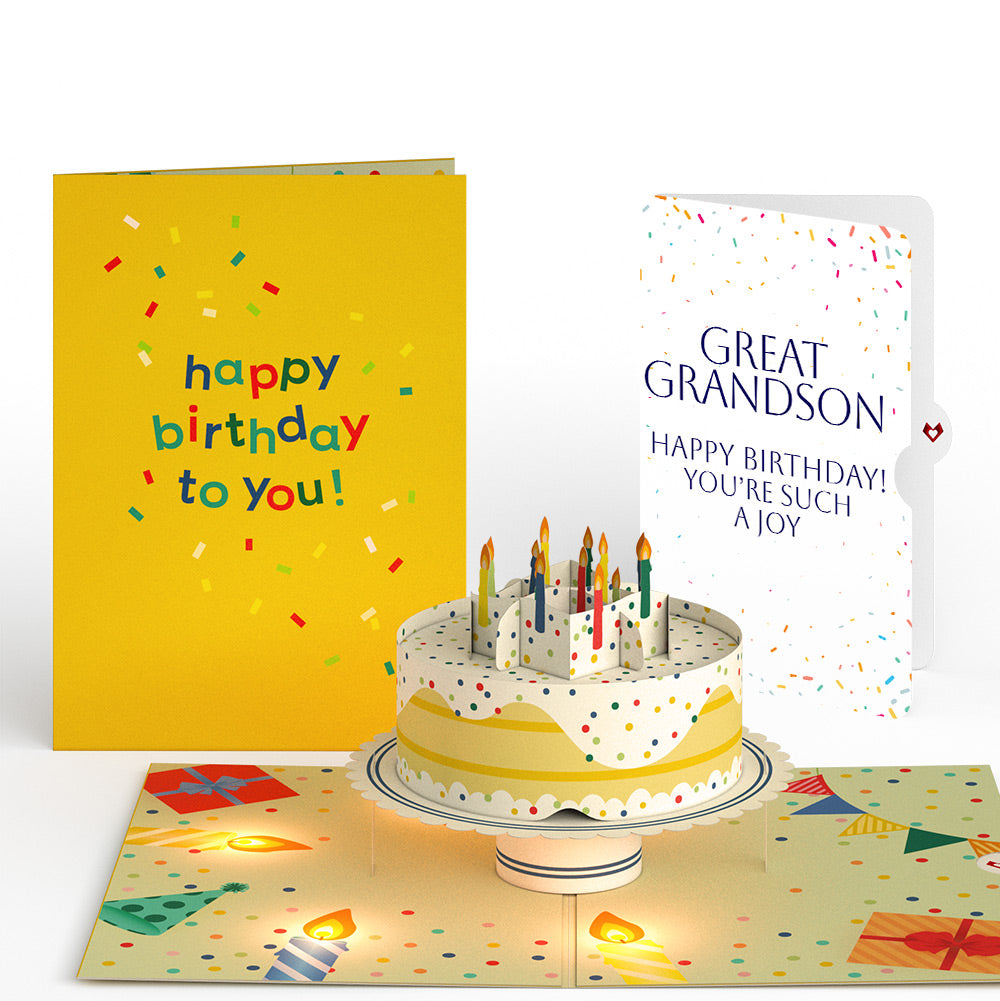 Happy Birthday Confetti Cake Music and Lights Pop-Up Card and Sentiment Set for Great Grandson
