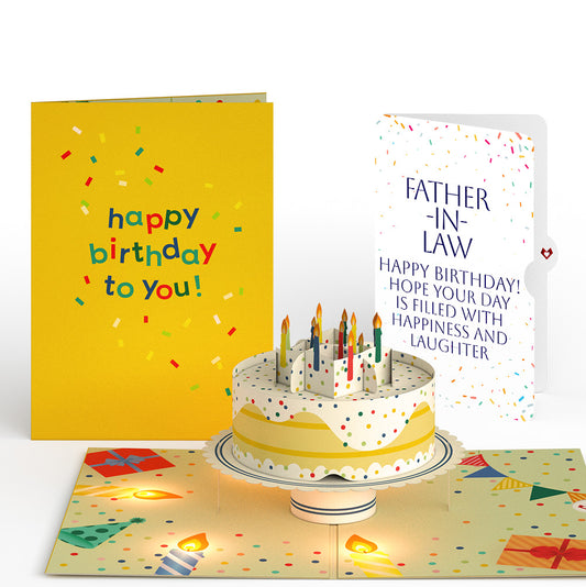 Happy Birthday Confetti Cake Music and Lights Pop-Up Card and Sentiment Set for Father-in-law