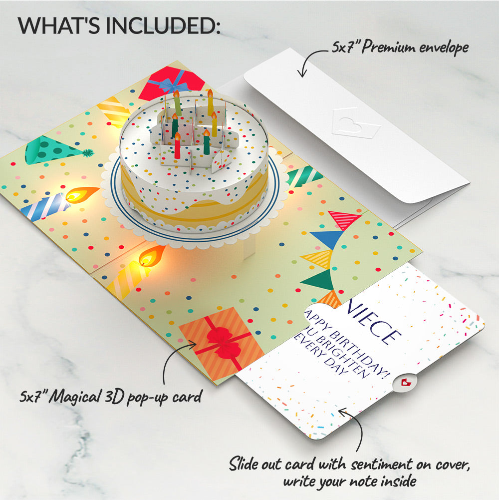 Happy Birthday Confetti Cake Music and Lights Pop-Up Card and Sentiment Set for Niece