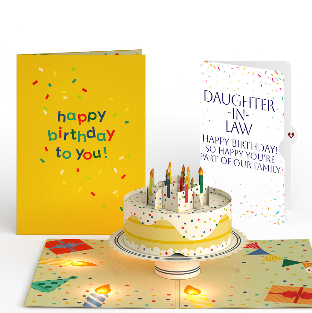 Happy Birthday Confetti Cake Music and Lights Pop-Up Card and Sentiment Set for Daughter-in-law