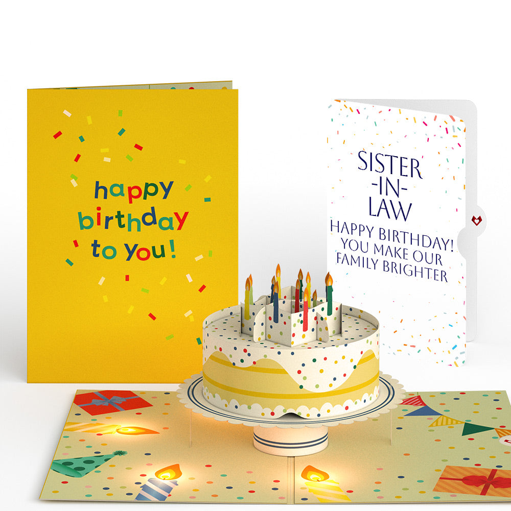 Happy Birthday Confetti Cake Music and Lights Pop-Up Card and Sentiment Set for Sister-in-law