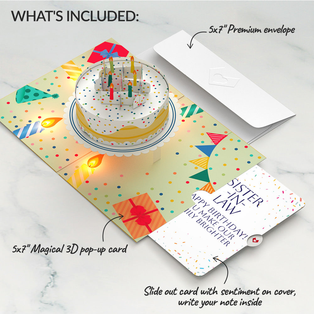 Happy Birthday Confetti Cake Music and Lights Pop-Up Card and Sentiment Set for Sister-in-law
