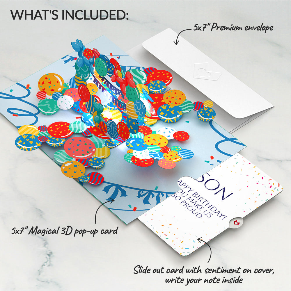 Happy Birthday Balloons Music and Lights Pop-Up Card and Sentiment Set for Son