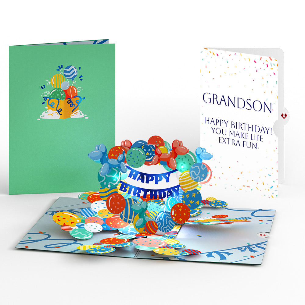 Happy Birthday Balloons Music and Lights Pop-Up Card and Sentiment Set for Grandson