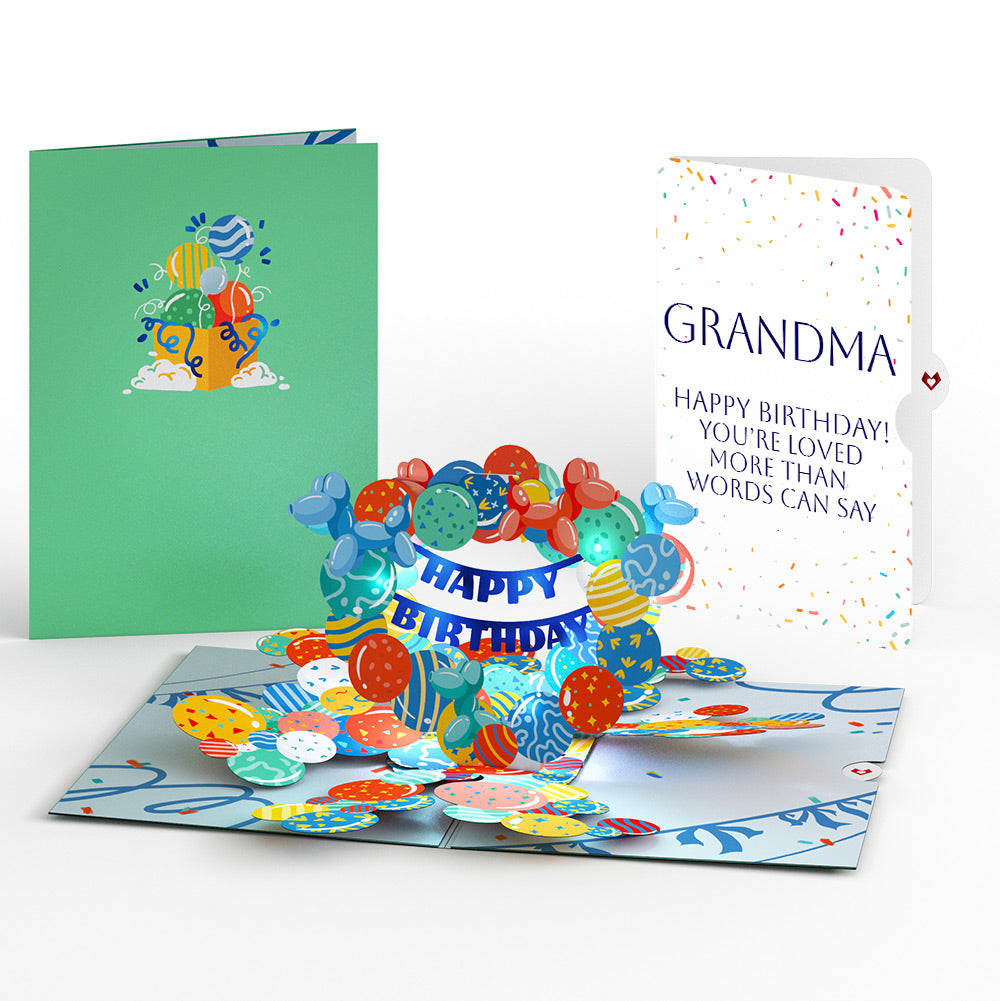 Happy Birthday Balloons Music and Lights Pop-Up Card and Loved More Than Words Sentiment Set for Grandma