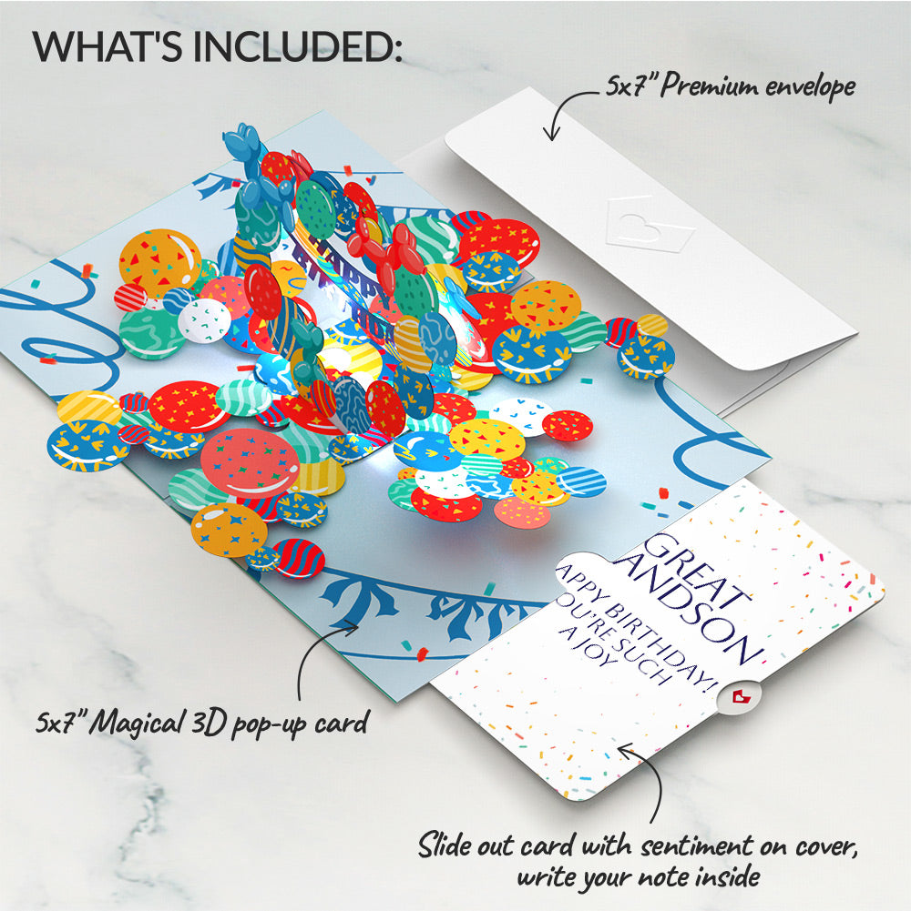 Happy Birthday Balloons Music and Lights Pop-Up Card and Sentiment Set for Great Grandson