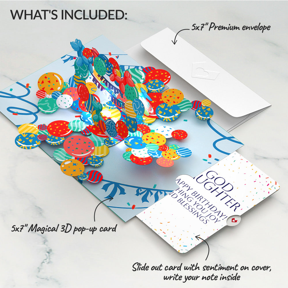 Happy Birthday Balloons Music and Lights Pop-Up Card and Sentiment Set for Goddaughter