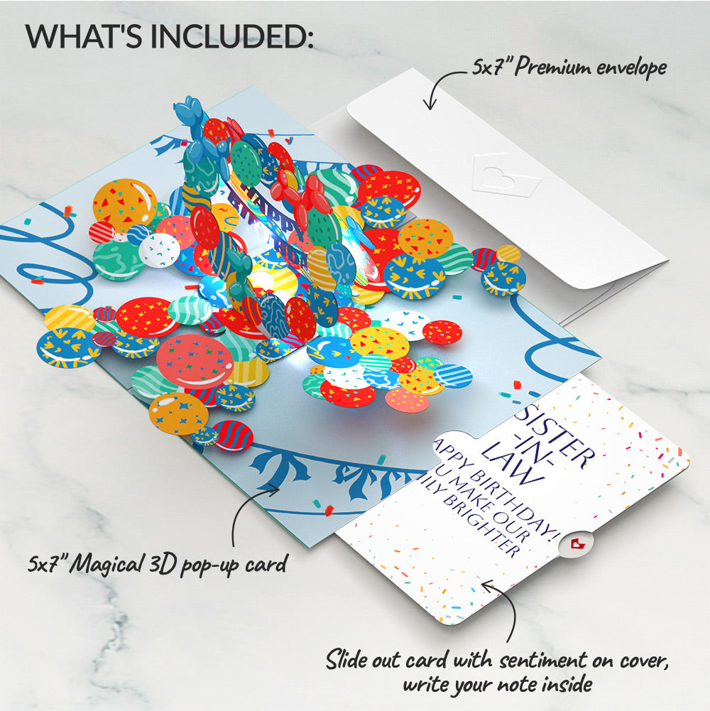 Happy Birthday Balloons Music and Lights Pop-Up Card and Sentiment Set for Sister-in-law