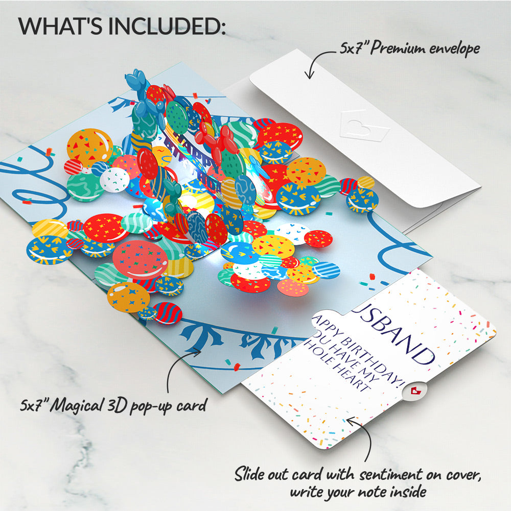 Happy Birthday Balloons Music and Lights Pop-Up Card and Sentiment Set for Husband