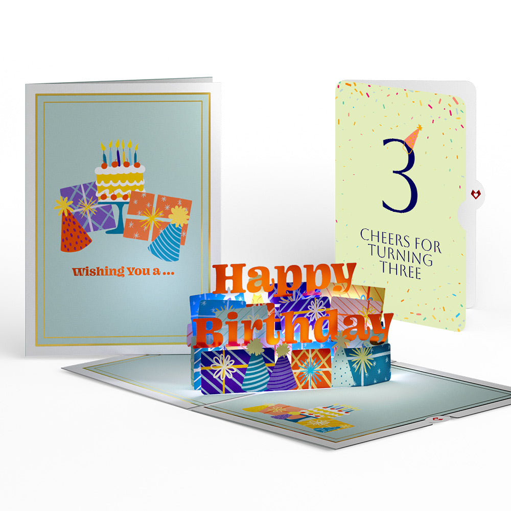 Wishing You a Happy 3rd Birthday Music and Lights Pop-Up Card and Party Hat Sentiment Set