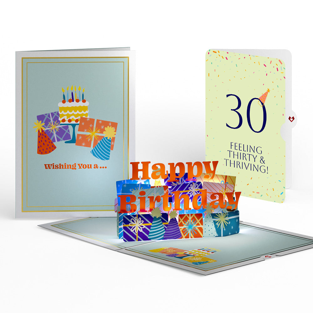 Wishing You a Happy 30th Birthday Music and Lights Pop-Up Card and Party Hat Sentiment Set