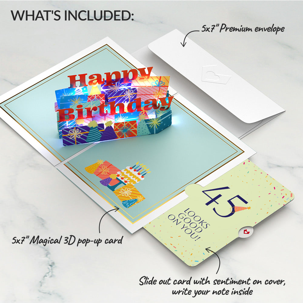 Wishing You a Happy 45th Birthday Music and Lights Pop-Up Card and Party Hat Sentiment Set