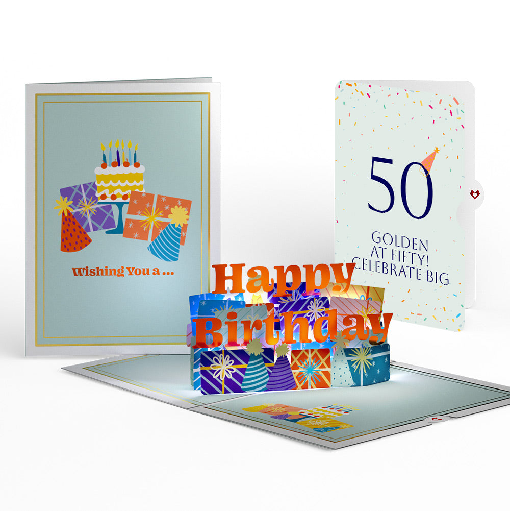 Wishing You a Happy 50th Birthday Music and Lights Pop-Up Card and Party Hat Sentiment Set