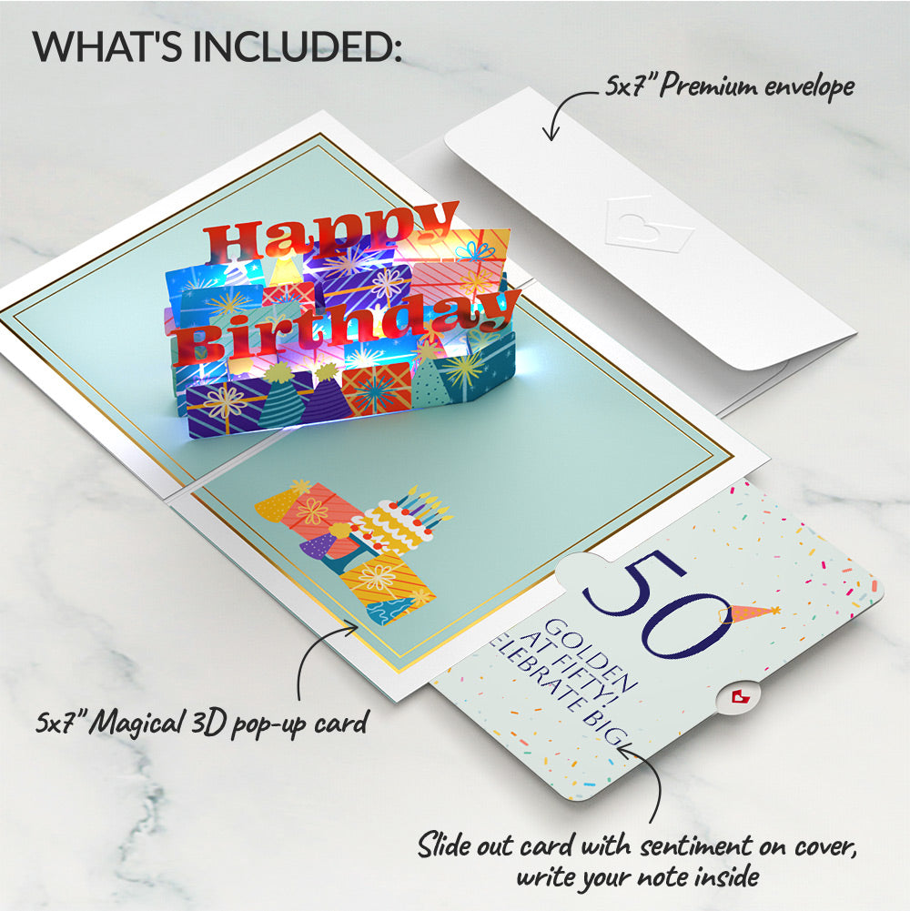 Wishing You a Happy 50th Birthday Music and Lights Pop-Up Card and Party Hat Sentiment Set