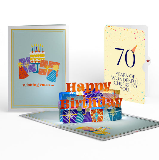 Wishing You a Happy 70th Birthday Music and Lights Pop-Up Card and Party Hat Sentiment Set