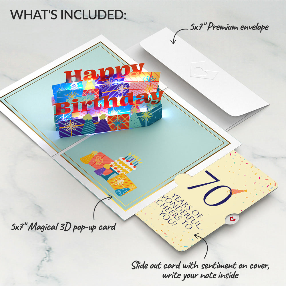 Wishing You a Happy 70th Birthday Music and Lights Pop-Up Card and Party Hat Sentiment Set