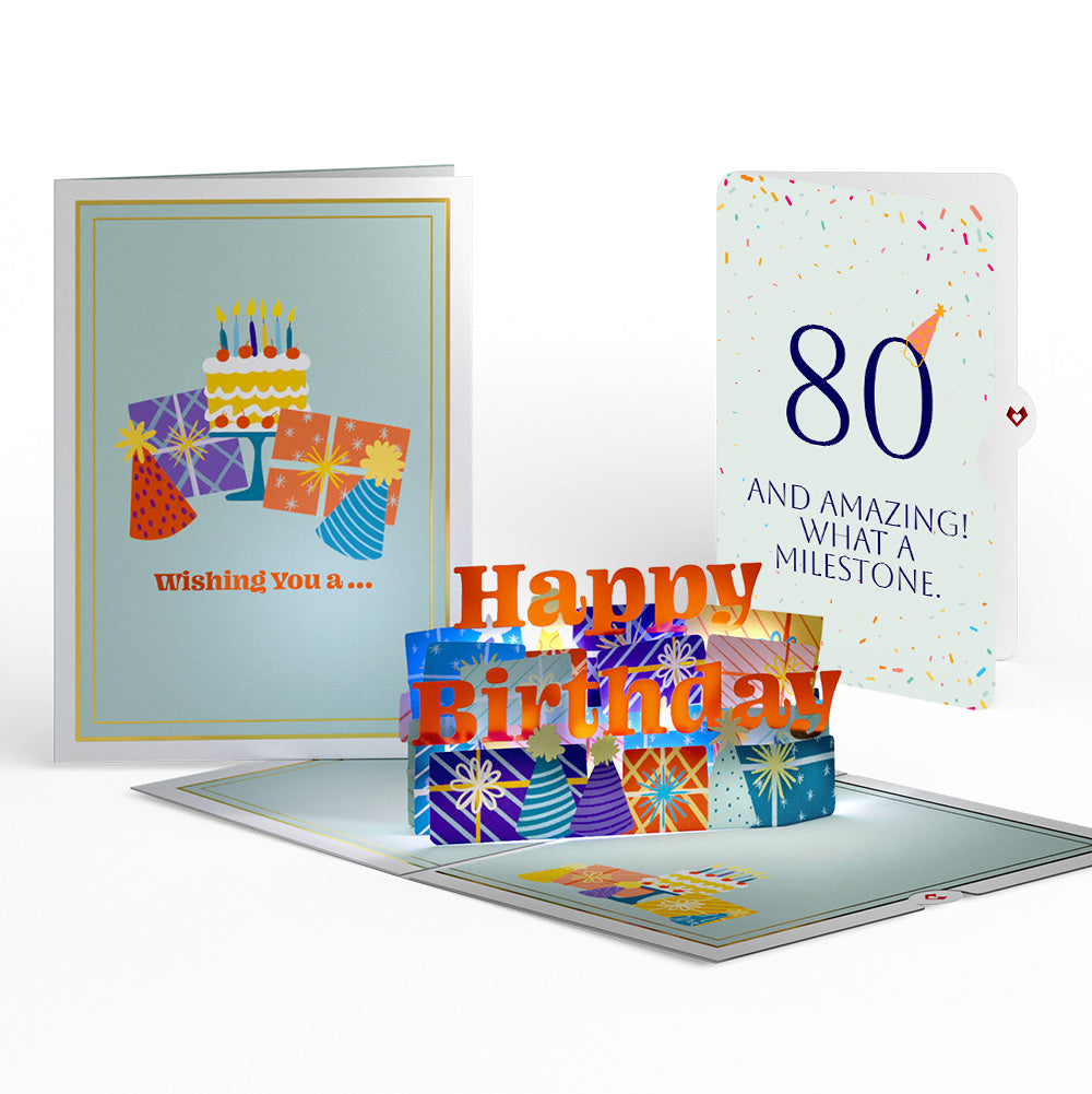 Wishing You a Happy 80th Birthday Music and Lights Pop-Up Card and Party Hat Sentiment Set