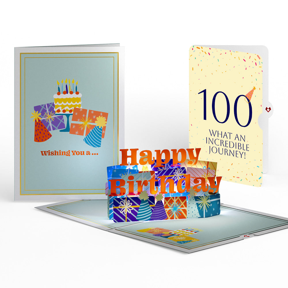 Wishing You a Happy 100th Birthday Music and Lights Pop-Up Card and Party Hat Sentiment Set