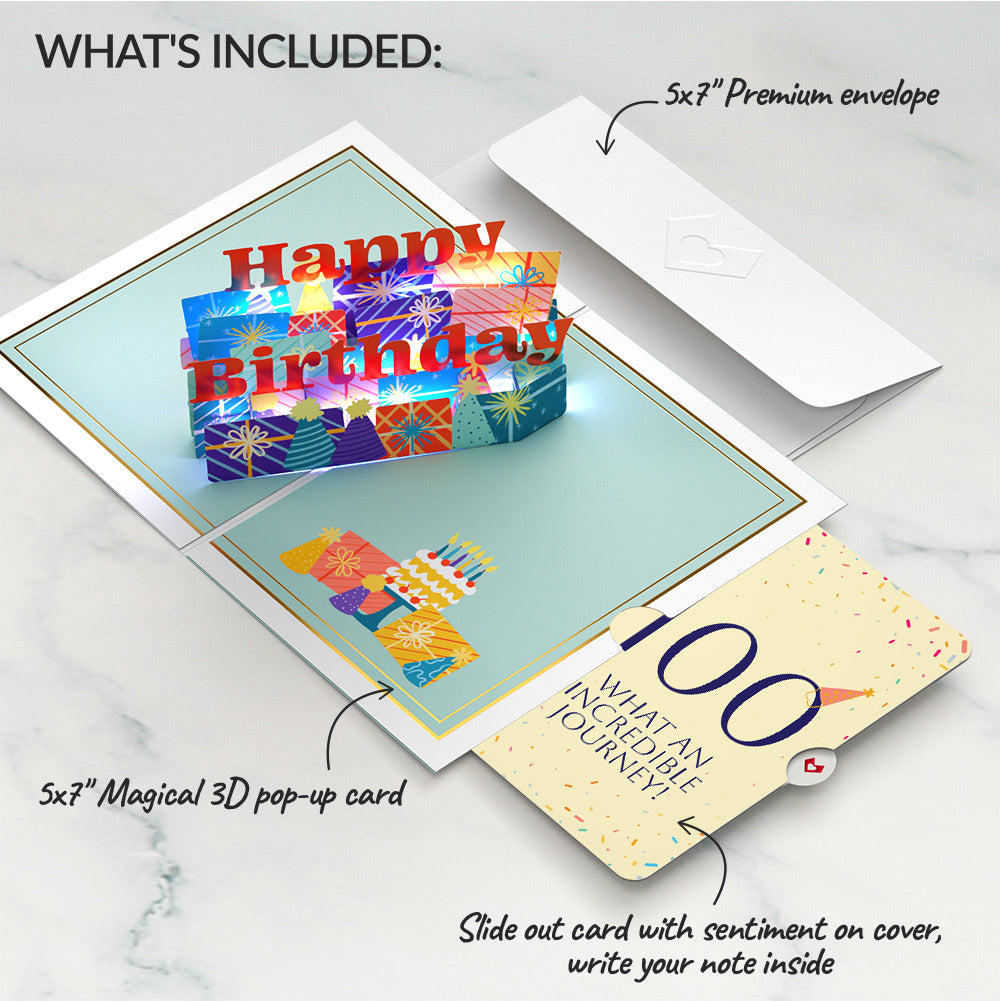 Wishing You a Happy 100th Birthday Music and Lights Pop-Up Card and Party Hat Sentiment Set
