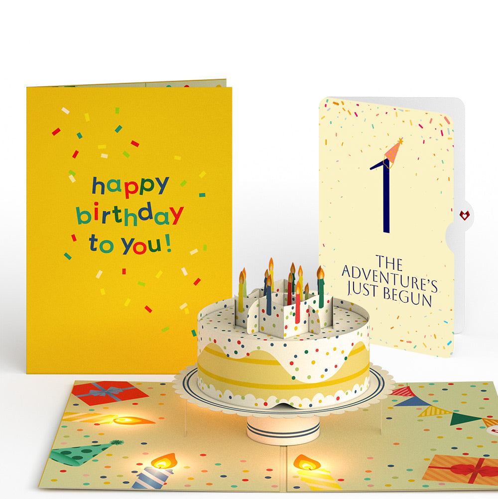 Happy 1st Birthday Confetti Cake Music and Lights Pop-Up Card and Party Hat Sentiment Set