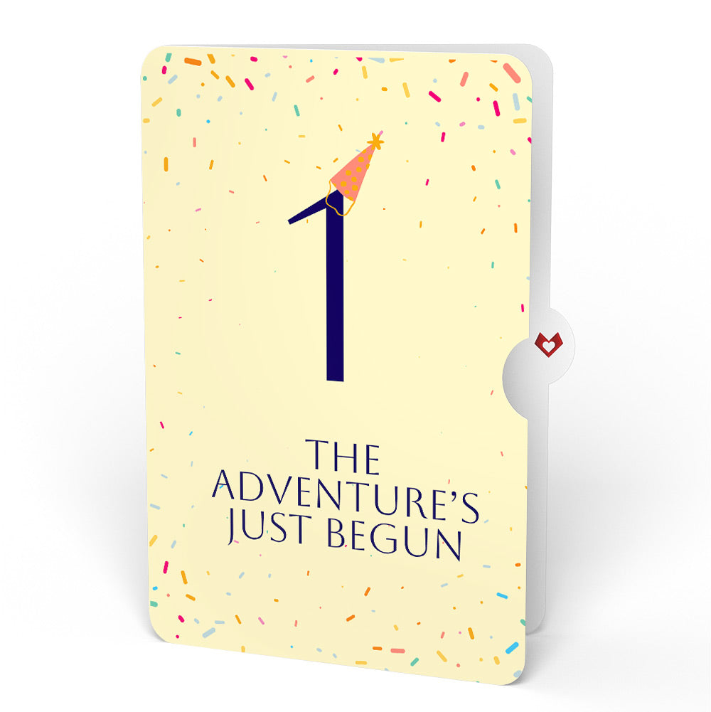 Happy 1st Birthday Confetti Cake Music and Lights Pop-Up Card and Party Hat Sentiment Set