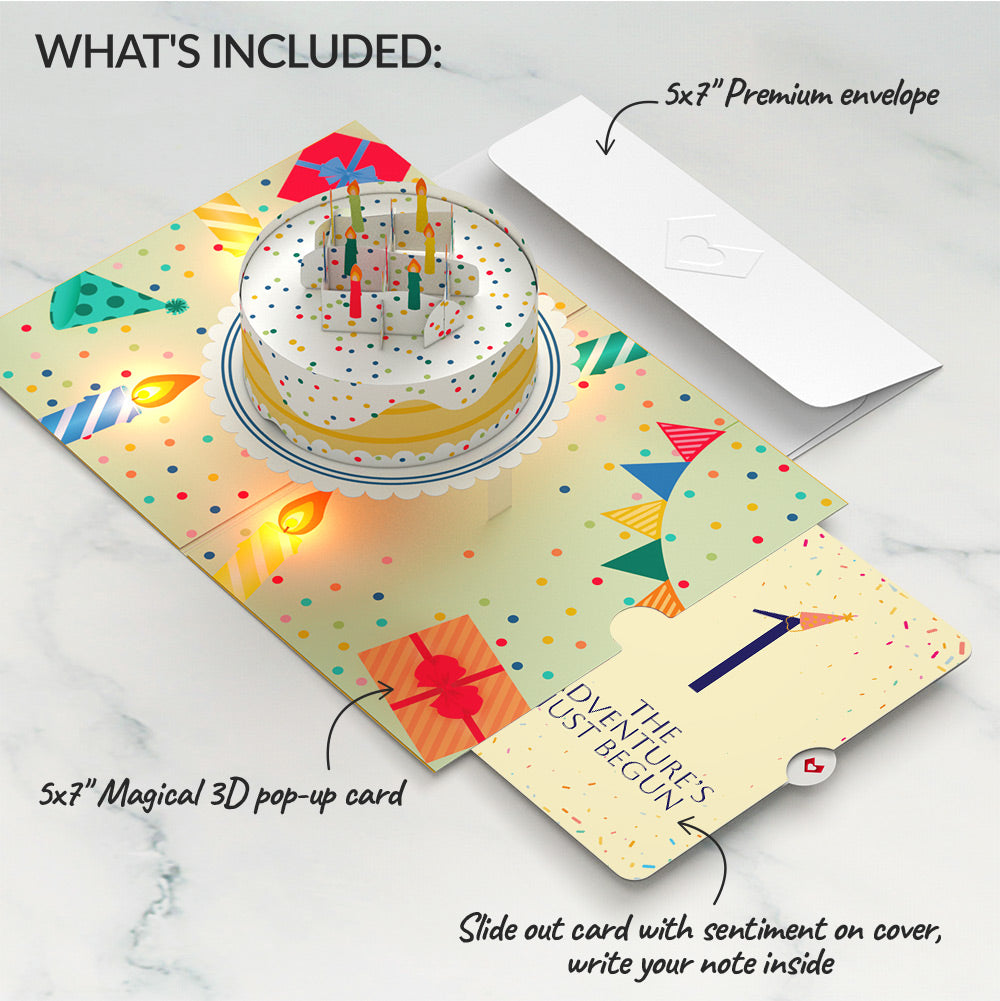Happy 1st Birthday Confetti Cake Music and Lights Pop-Up Card and Party Hat Sentiment Set
