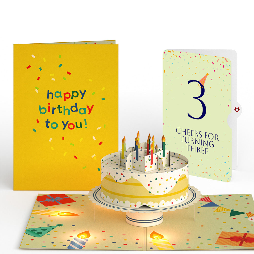 Happy 3rd Birthday Confetti Cake Music and Lights Pop-Up Card and Party Hat Sentiment Set