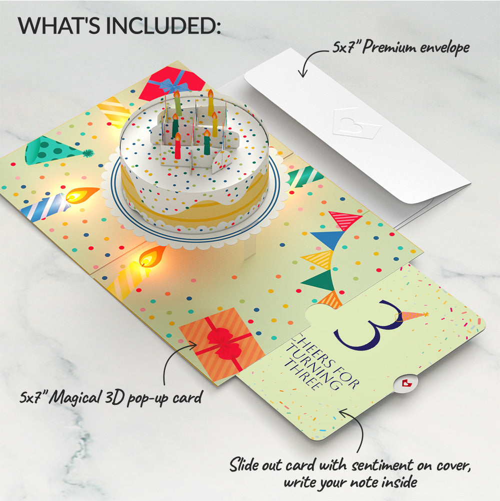 Happy 3rd Birthday Confetti Cake Music and Lights Pop-Up Card and Party Hat Sentiment Set