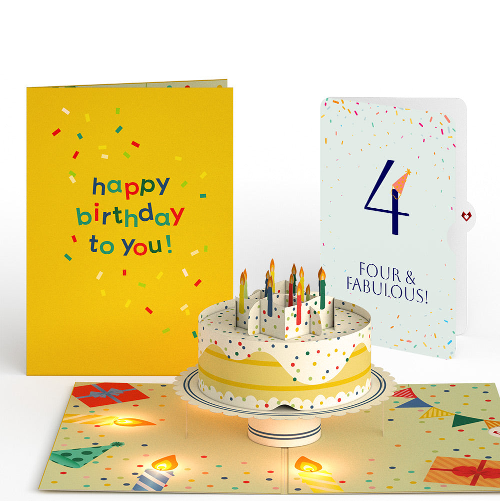 Happy 4th Birthday Confetti Cake Music and Lights Pop-Up Card and Party Hat Sentiment Set