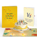 Happy 16th Birthday Confetti Cake Music and Lights Pop-Up Card and Party Hat Sentiment Set
