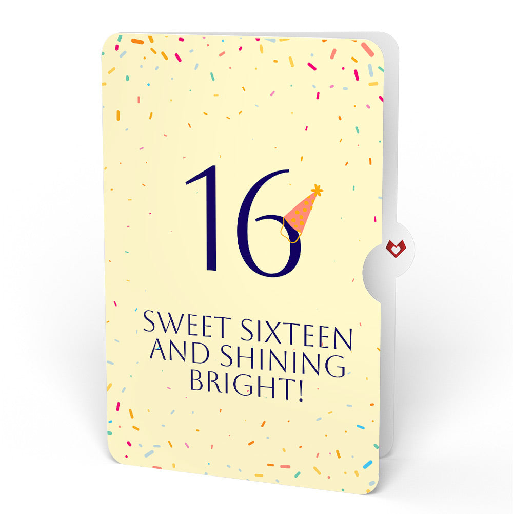 Happy 16th Birthday Confetti Cake Music and Lights Pop-Up Card and Party Hat Sentiment Set