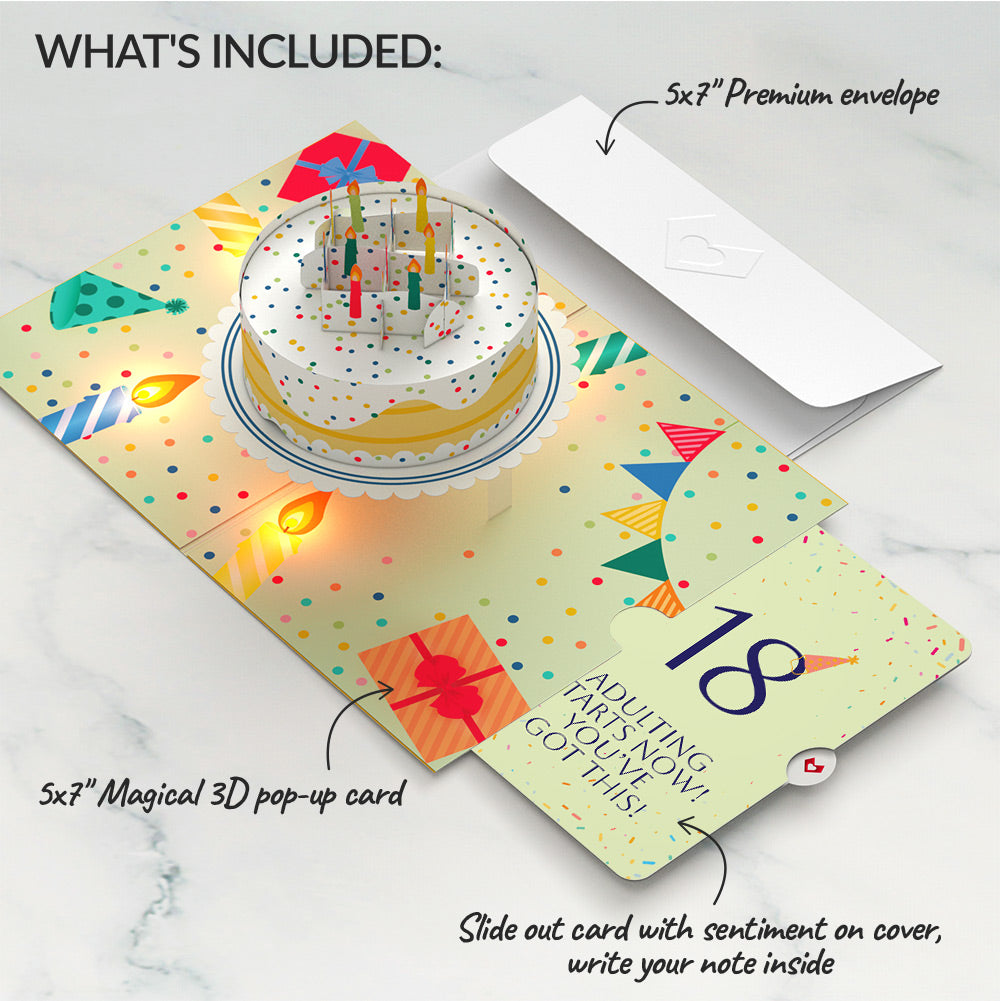 Happy 18th Birthday Confetti Cake Music and Lights Pop-Up Card and Party Hat Sentiment Set