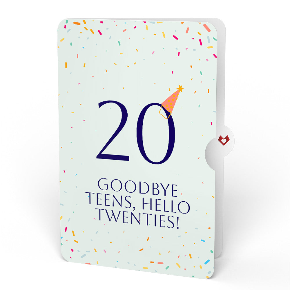 Happy 20th Birthday Confetti Cake Music and Lights Pop-Up Card and Party Hat Sentiment Set