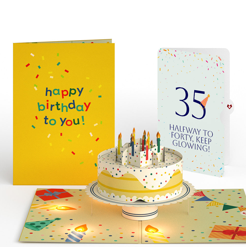 Happy 35th Birthday Confetti Cake Music and Lights Pop-Up Card and Party Hat Sentiment Set