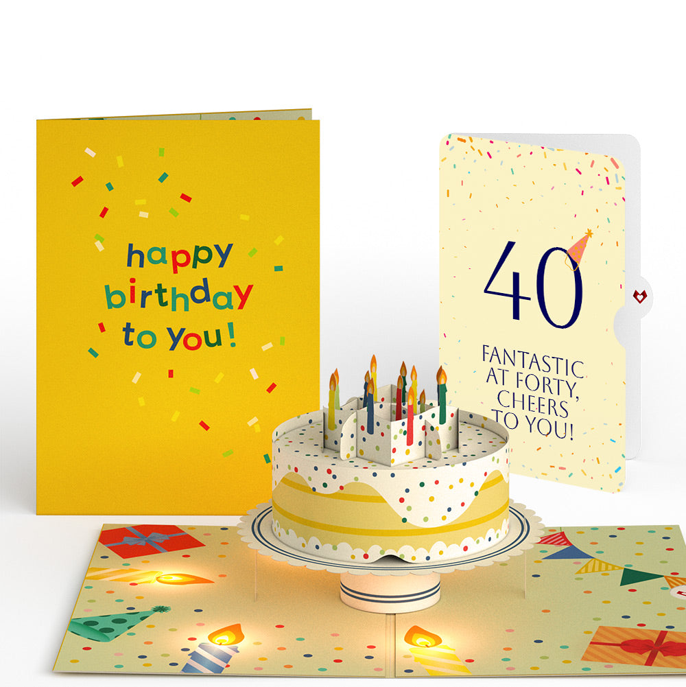 Happy 40th Birthday Confetti Cake Music and Lights Pop-Up Card and Party Hat Sentiment Set