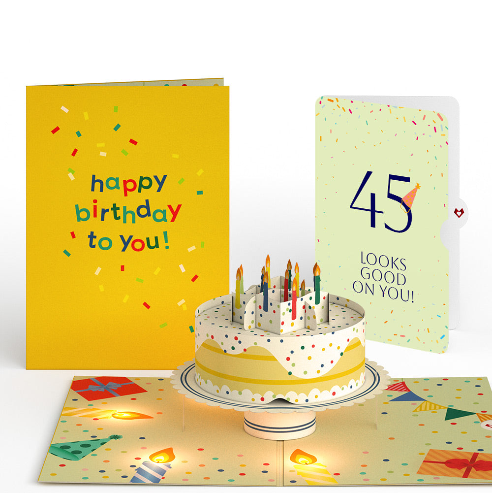 Happy 45th Birthday Confetti Cake Music and Lights Pop-Up Card and Party Hat Sentiment Set