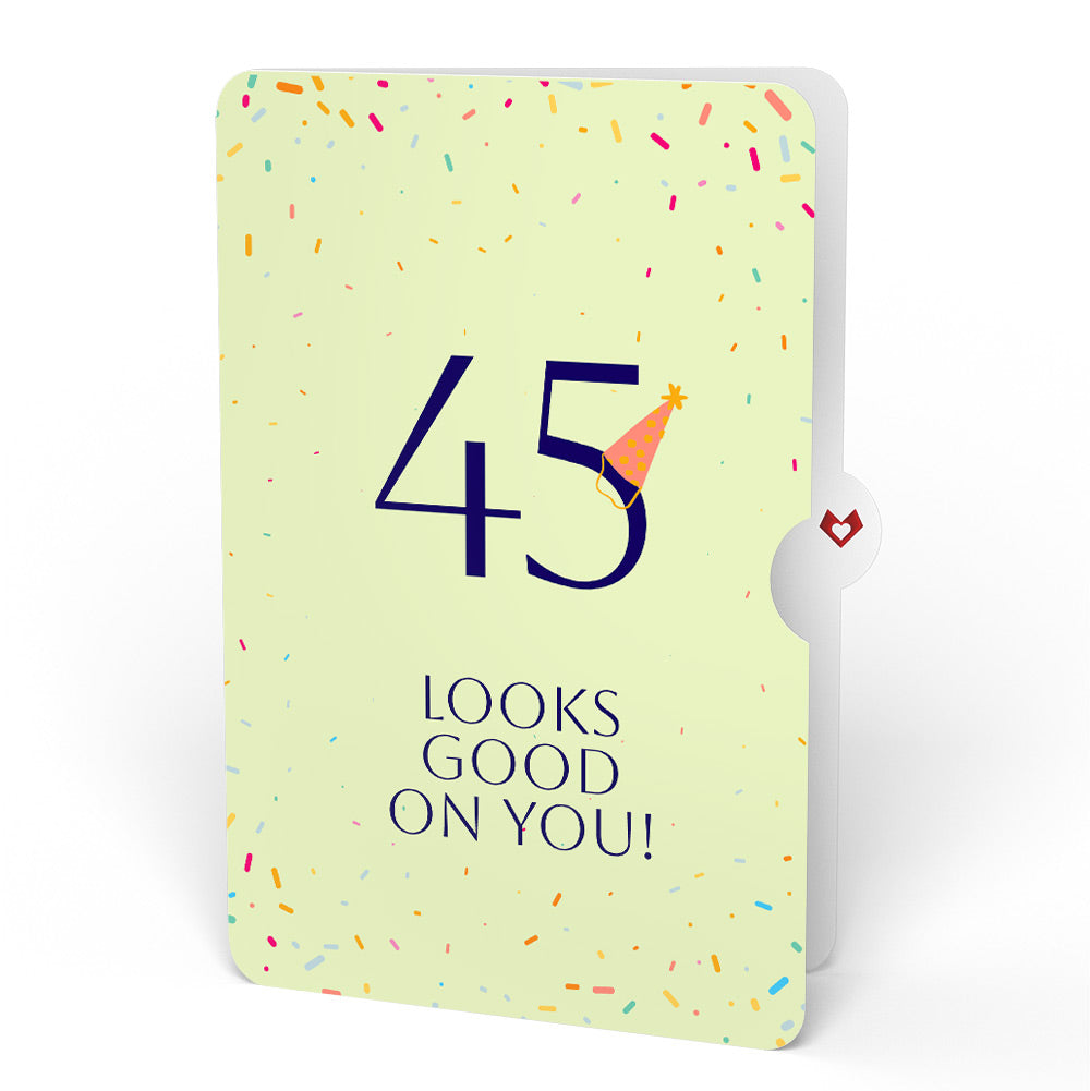 Happy 45th Birthday Confetti Cake Music and Lights Pop-Up Card and Party Hat Sentiment Set