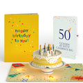 Happy 50th Birthday Confetti Cake Music and Lights Pop-Up Card and Party Hat Sentiment Set