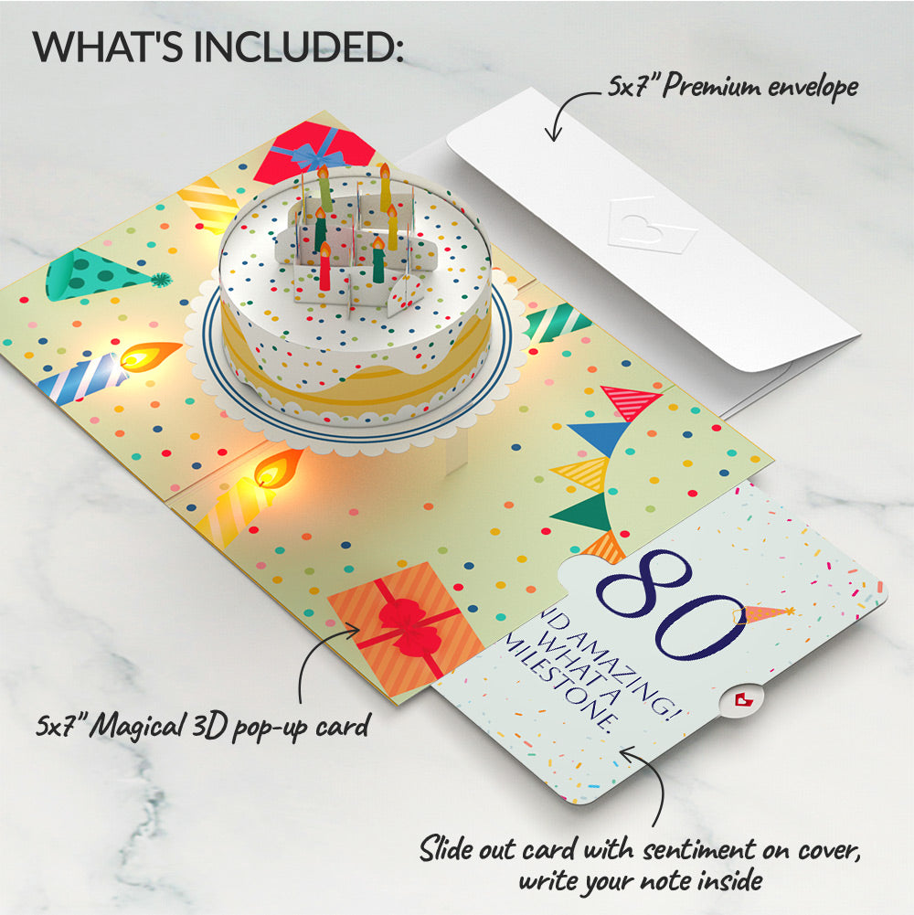 Happy 80th Birthday Confetti Cake Music and Lights Pop-Up Card and Party Hat Sentiment Set
