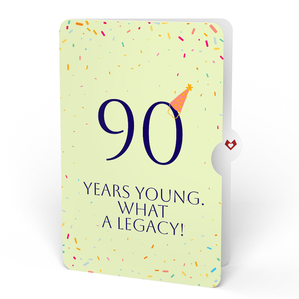 Happy 90th Birthday Confetti Cake Music and Lights Pop-Up Card and Party Hat Sentiment Set