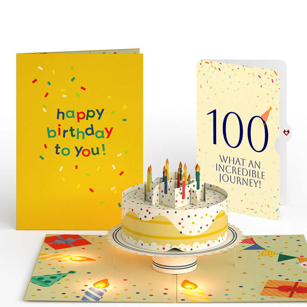 Happy 100th Birthday Confetti Cake Music and Lights Pop-Up Card and Party Hat Sentiment Set