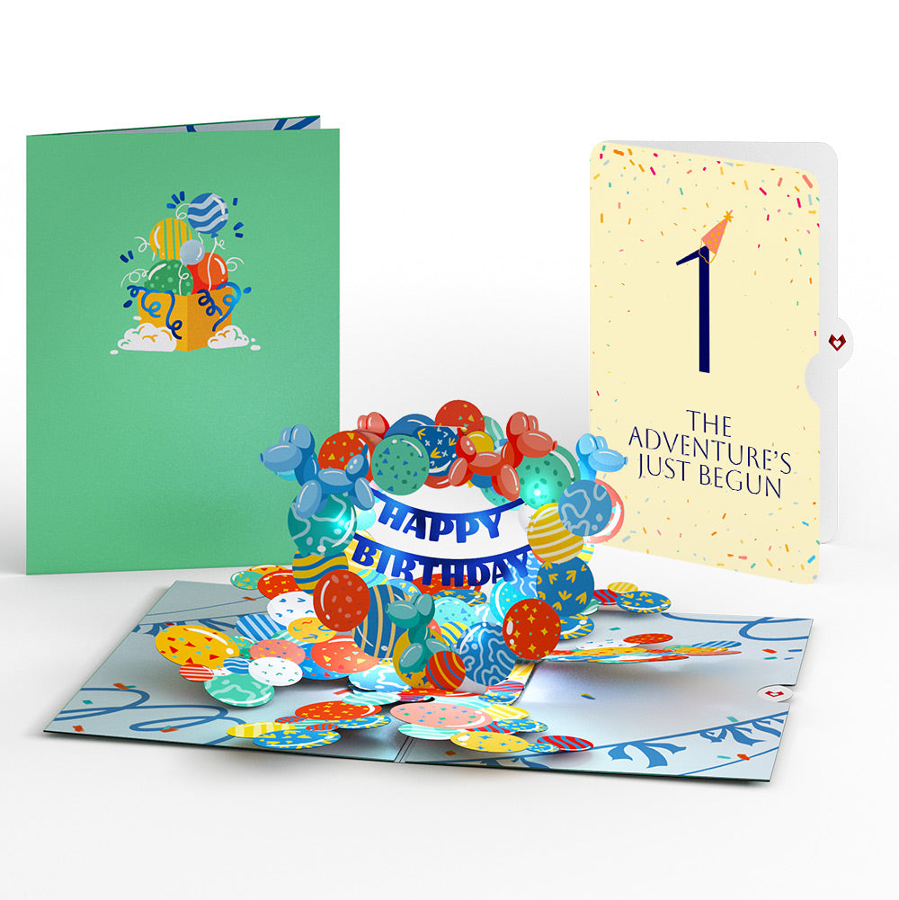 Happy 1st Birthday Balloons Music and Lights Pop-Up Card and Party Hat Sentiment Set